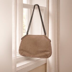 Taupe Whipstitch Suede Shoulder Bag with Chain Strap